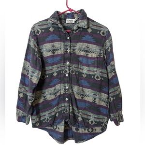 Vintage‎ Chico’s Western Patterned Button-Up Shirt blue, purple, gray & black